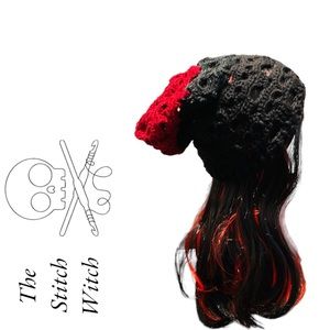 HAND CROCHETED Skull Motif Slouch Beanie Red and Black